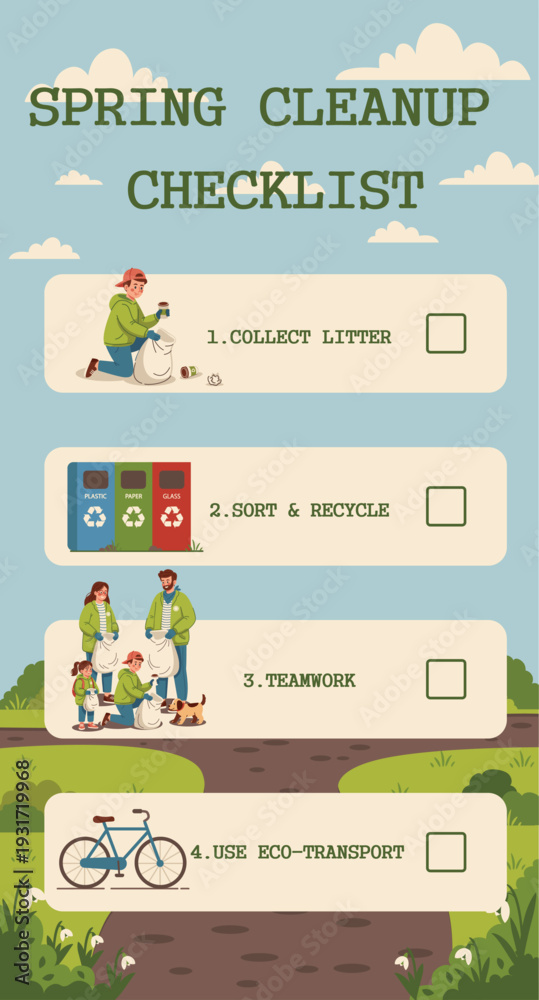 Fototapeta premium Spring cleaning checklist infographic template with family volunteers, eco friendly lifestyle and community cleanup day concept