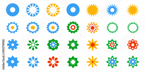 Colorful collection of abstract floral and starburst shaped icons