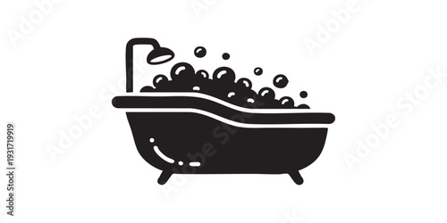 Minimal flat vector icon of a bath tub with bubbles representing self-care concept, simple solid black silhouette, clean monochrome design, isolated on white background.