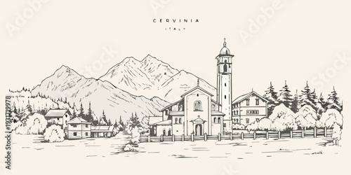 Sketch of cervinia italy featuring mountains and a charming church steeple
