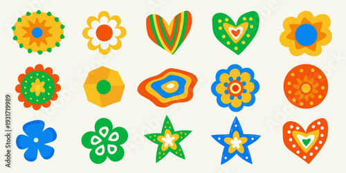 A collection of colorful stylized flowers and heart shaped designs