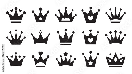 Princess tiara and royal crown vector icons set for wedding stationery and luxury business branding