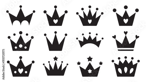 Various black crown shapes for logo design and royal heraldry symbols collection vector illustration
