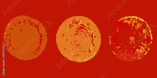 Three abstract circular shapes in varying shades of orange and yellow