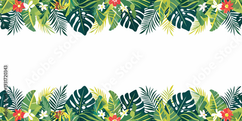 Tropical leaves and flowers forming a decorative border arrangement