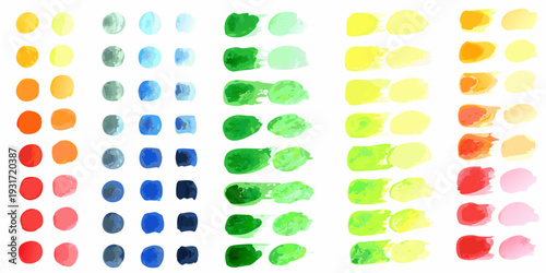 Watercolor palette featuring vibrant shades of red yellow green and blue