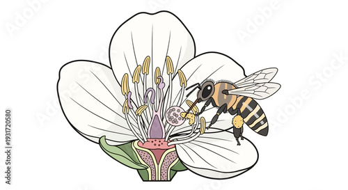 Bee collecting pollen from white flower