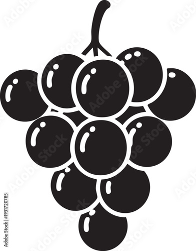 A cluster of grapes hanging from a stem, depicted in a simple illustration style, viewed from the front.