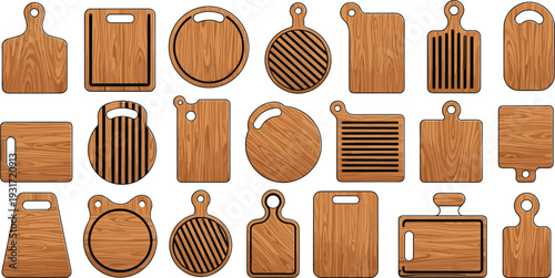 Collection of twenty wooden cutting boards in assorted shapes and rustic designs, kitchen utensil illustration for cooking, culinary, food preparation, and restaurant decor concepts