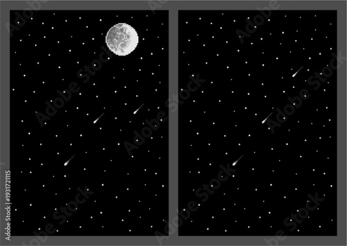 Two-panel window view showing a starry night sky with a full moon visible in the upper left panel and shooting stars scattered across both dark panes.