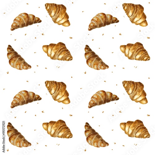Wallpaper Mural Seamless pattern hand drawn with watercolor golden French croissants on white background Torontodigital.ca