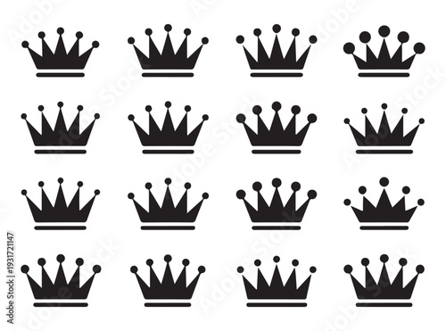 Collection of twelve simple black crown icons for royal or leadership symbol and regal emblem design