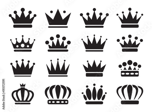 Set of sixteen crown icons simple vector illustrations for royal symbol and regal emblem design