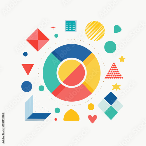 Colorful graphic illustration of a pie chart surrounded by various geometric shapes on a white background with a vibrant and informative mood.