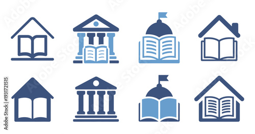 Educational Institutions and Buildings with Open Books Symbolizing Learning, Knowledge, Academic Growth, and Intellectual Development in Vector Illustration.