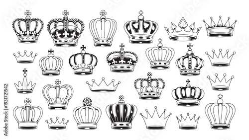Twenty five diverse crown illustrations in outline and solid styles for royal symbol and emblem design