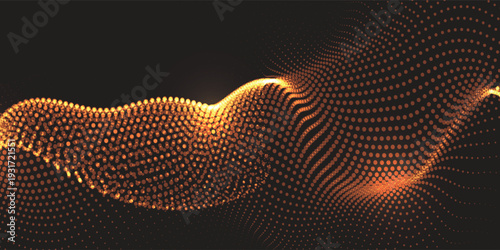 Abstract vector wavy lines flowing smooth curve gold gradient color on black background in concept of luxury, technology, science, music, modern.