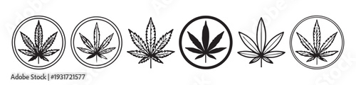 Cannabis leaf logo collection set with various marijuana plant silhouettes in circles and icons sign