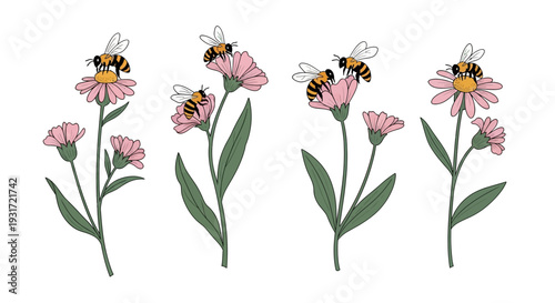 Bees collecting nectar from pink flowers