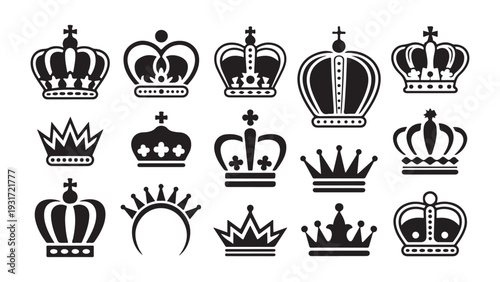 King crown icons collection with royal medieval style black silhouette isolated on white background