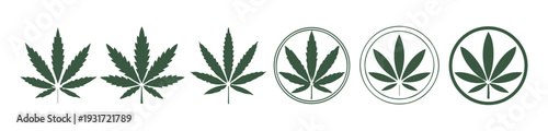 Green cannabis leaf silhouettes and circular emblems representing medical marijuana and hemp plants