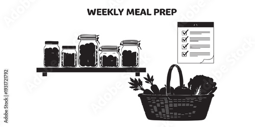 Minimal flat vector illustration of eco weekly meal prep scene with jars on shelf, basket, and checklist, simple solid black silhouette, clean design, monochrome, isolated on white background.