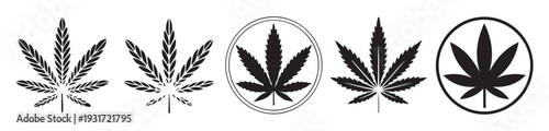 Marijuana leaf icon pack with different stylized hemp plant silhouettes and circular branding design