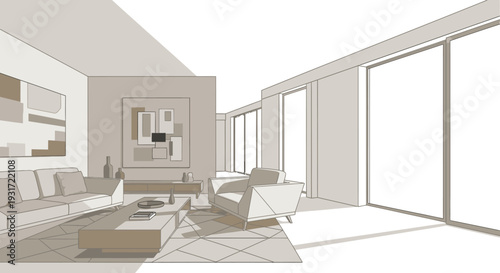 Modern living room with minimalist furniture and large windows vector on isolated  white background.