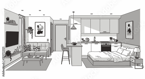 Modern studio apartment with combined living and kitchen areas vector on isolated  white background.