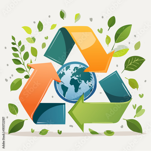Illustration of recycling symbol with arrows and leaves around a globe on a white background with eco-friendly theme.