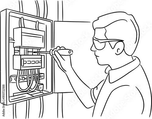 Black and White Line Drawing of Electrician Repairing Electrical Panel with Screwdriver and Safety Glasses in Technical Illustration