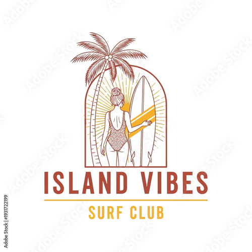 Island Vibes Surf Club logo featuring a woman in a swimsuit holding a surfboard with a palm tree and sunburst behind her.
