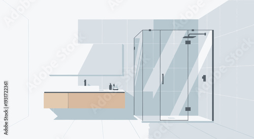 Modern bathroom interior with wooden vanity and glass shower vector on isolated  white background.
