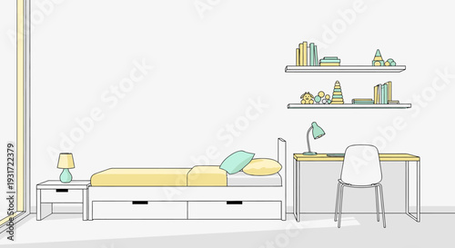 Cozy minimalist bedroom with desk and bookshelves for kids vector on isolated  white background.