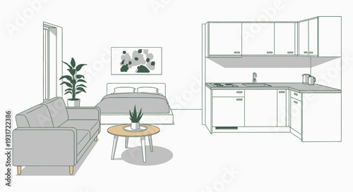 Modern studio apartment with minimalist decor and kitchenette vector on isolated  white background.