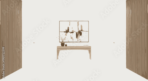 Modern minimalist interior with abstract art and wooden accents vector on isolated  white background.