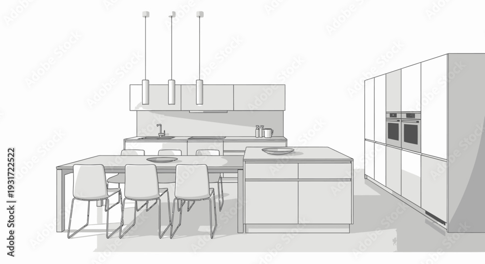 Fototapeta premium Modern minimalist kitchen interior design with dining area vector on isolated white background.