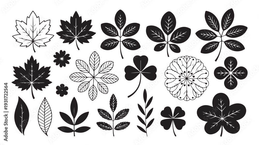 Obraz premium Floral and leaf silhouettes with detailed engraving style for vintage botanical patterns and logos
