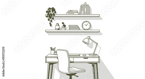 Modern home office workspace with desk and shelves vector on isolated  white background.
