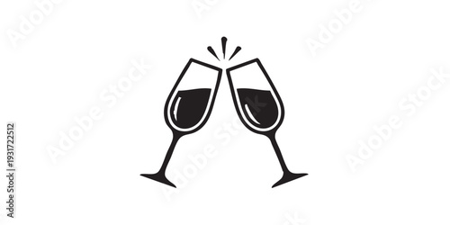 Minimal flat vector icon of toast glasses clinking, simple solid black silhouette, clean monochrome design, centered composition, isolated on white background.