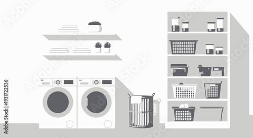 Modern laundry room with washer, dryer and organized storage vector on isolated  white background.