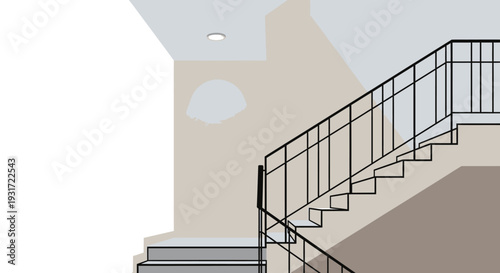 Modern staircase with sleek metal railing in minimalist interior vector on isolated  white background.