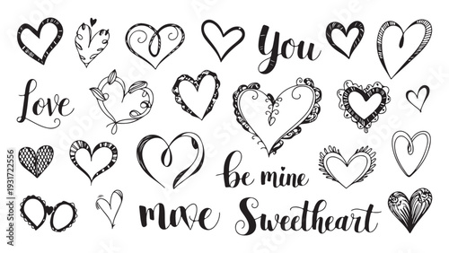 Large collection of hand drawn love themed hearts and romantic typography on white background