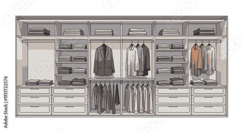 Modern spacious walk-in closet with organized clothing and storage vector on isolated  white background.