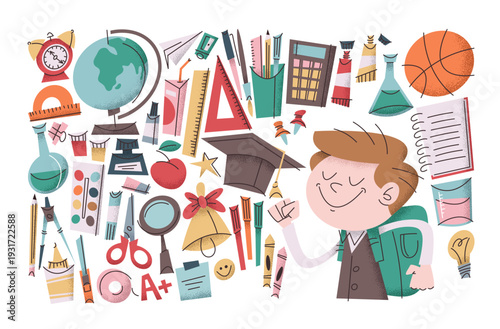 Back to school stickers set with smiling boy student character and elementary learning supplies