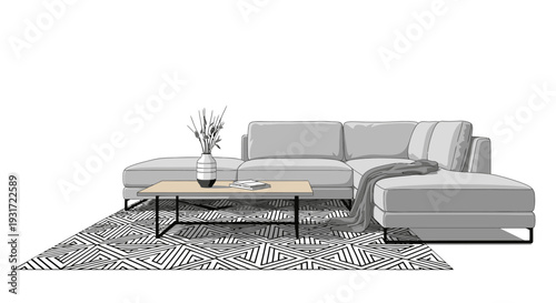 Modern living room with gray sectional sofa and patterned rug vector on isolated  white background.