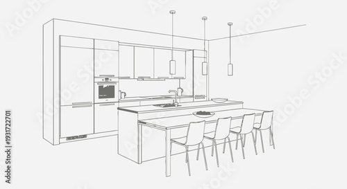 Modern minimalist kitchen with sleek island and pendant lights vector on isolated  white background.