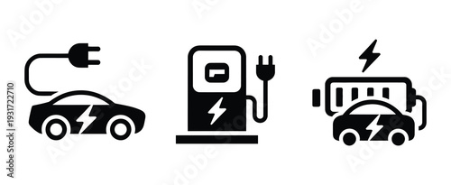 Electric Car Charging Symbols with Car, Charging Station, and Battery Icons Representing EV Power
