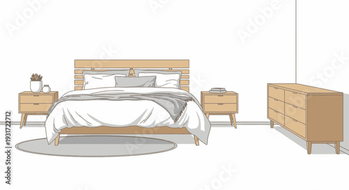 Modern minimalist bedroom interior with wooden furniture vector on isolated  white background.