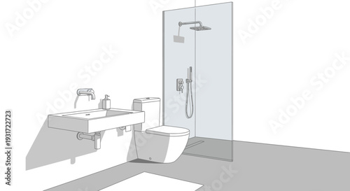 Modern bathroom interior with sleek fixtures and clean design vector on isolated  white background.